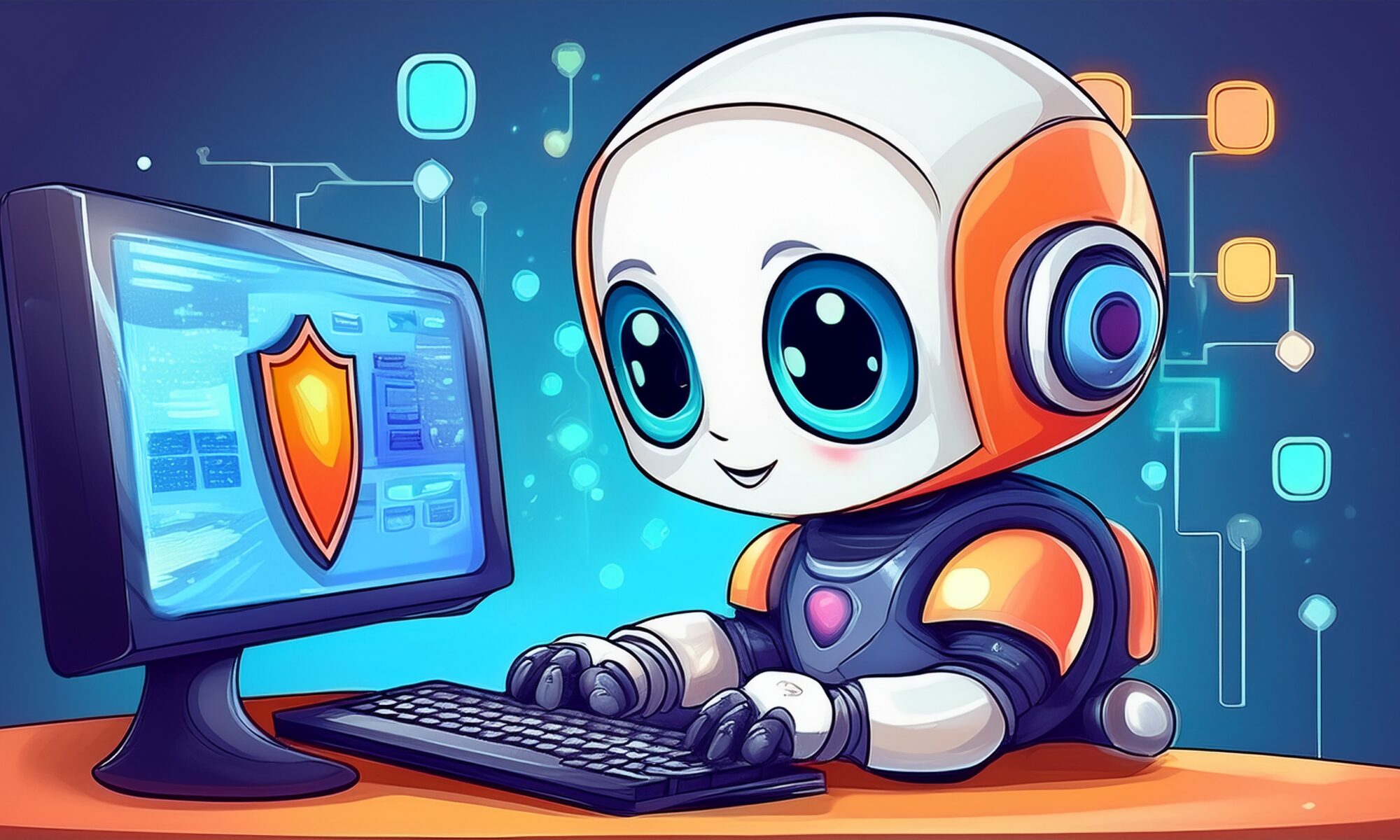 Baby robot types commands into a computer. There is an antivirus shield icon on the computer screen.